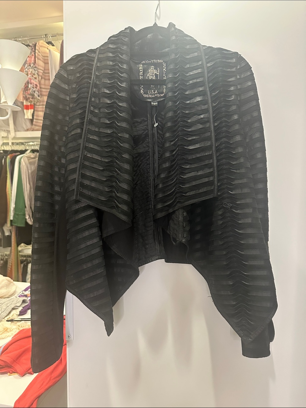My Tribe Black Draped Open-Front Leather-Trim Jacket
